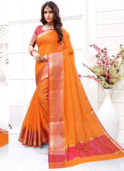 Orange Cotton Silk Zari Weaving Wedding Saree