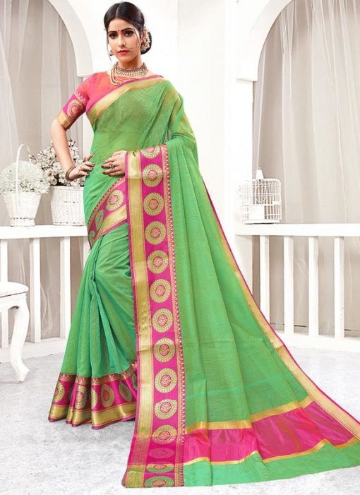 Green Cotton Silk Zari Weaving Wedding Saree