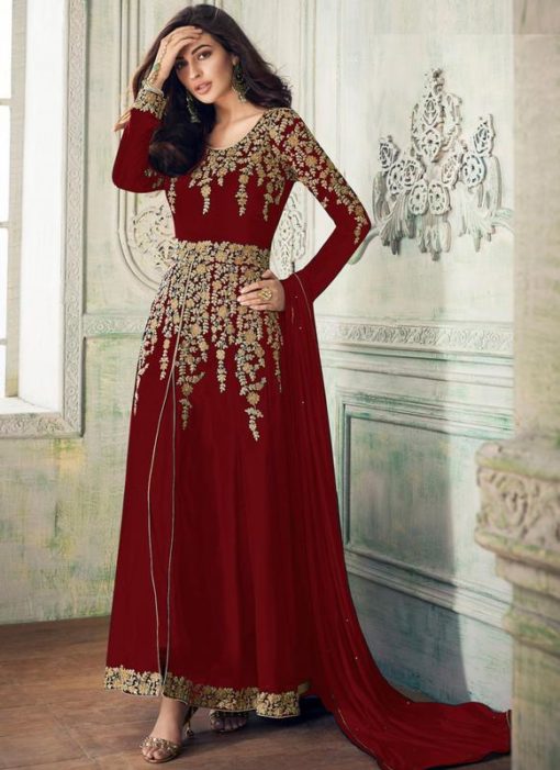 Red Georgette Embroidered Work Anarkali Sawlar Suit