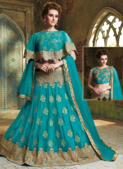 Turquoise Blue Net Embroidered Work Designer Wedding Lehenga Choli