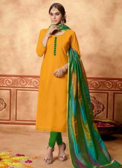 Mustard Yellow Cotton Party Wear Churidar Salwar Kameez