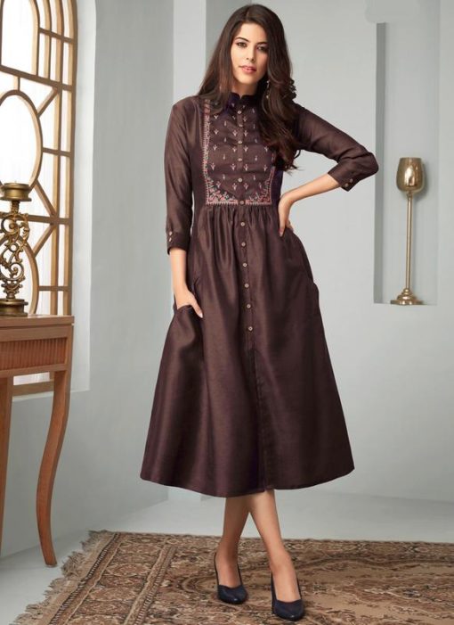 Brown Cotton Embroidered Work Party Wear Kurti