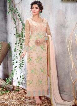 Peach Chiffon Embroidered Work Party Wear Churidar Suit