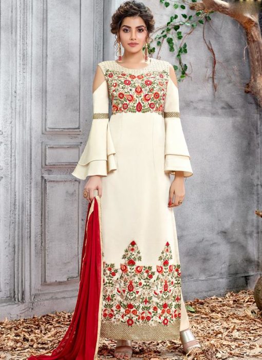 Off White Silk Embroidered Work Party Wear Churidar Suit