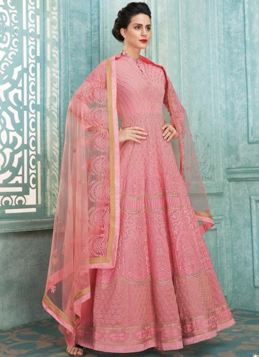 Pink Georgette Lakhnavi Work Designer Anarkali Suit