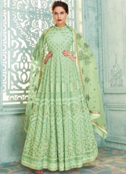 Pista Green Georgette Lakhnavi Work Designer Anarkali Suit