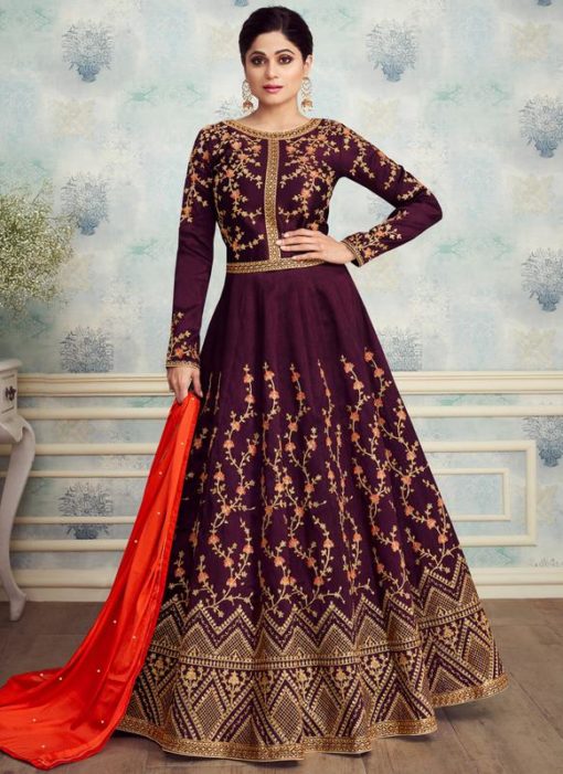 Shamita Shetty Purple Silk Designer Party Wear Anarkali Suit