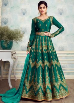 Shamita Shetty Green Silk Designer Party Wear Anarkali Suit