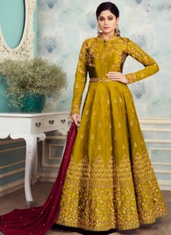 Shamita Shetty Gold Silk Designer Party Wear Anarkali Suit