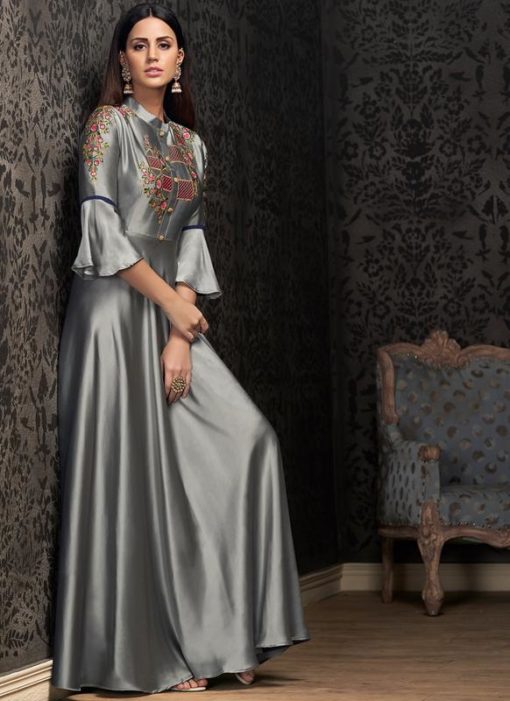 Grey Tapeta Silk Embroidered Work Designer Gown