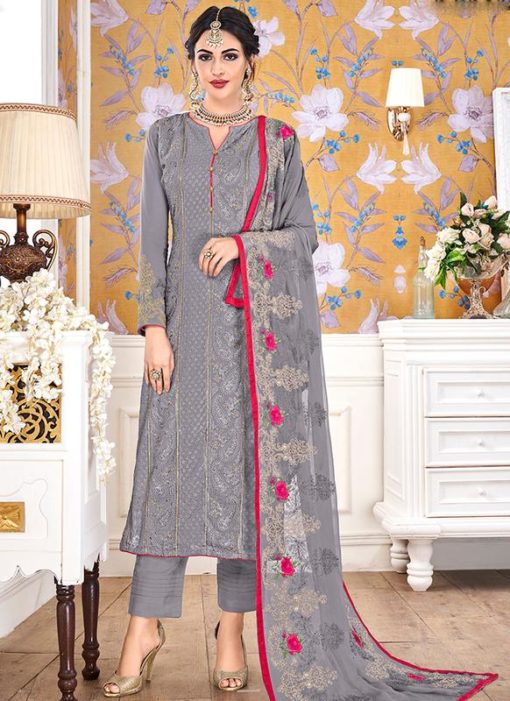 Grey Georgette Embroidered Work Designer Salwar Suit