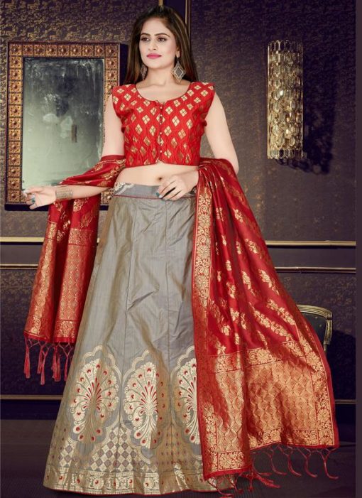 Red And Grey Banarasi Silk Readymade Lehenga Choli