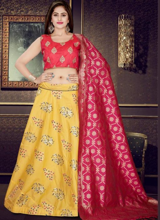 Red And Yellow Banarasi Silk Readymade Lehenga Choli