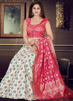 Pink And Cream Banarasi Silk Readymade Lehenga Choli