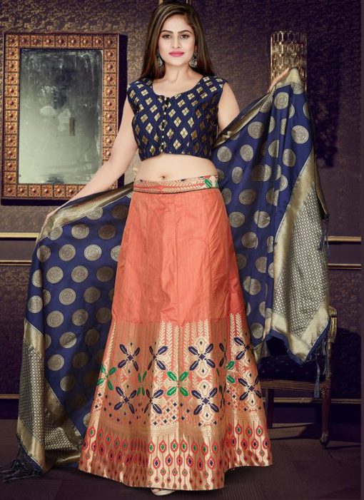 Blue And Orange Banarasi Silk Readymade Lehenga Choli