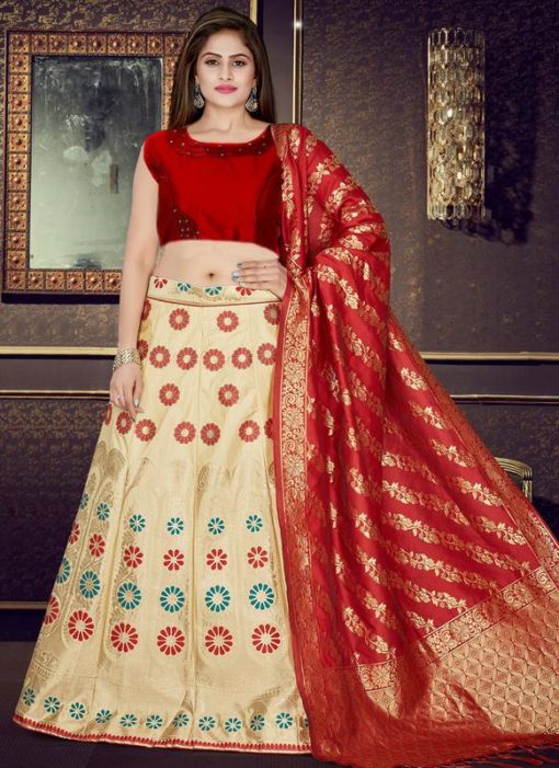 Red And Cream Banarasi Silk Readymade Lehenga Choli