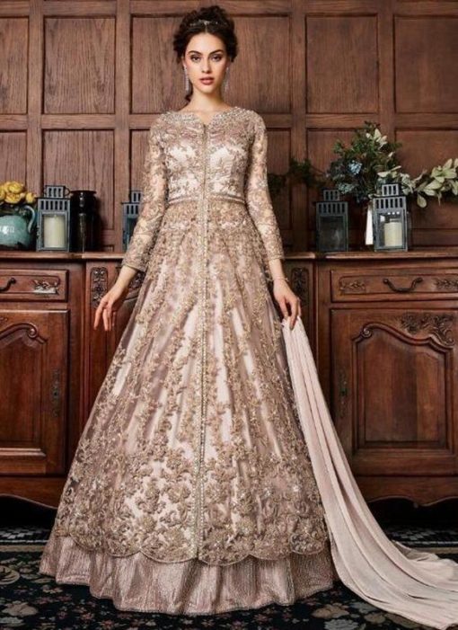 Brown Net Designer Embroidered Work Wedding Anarkali Suit
