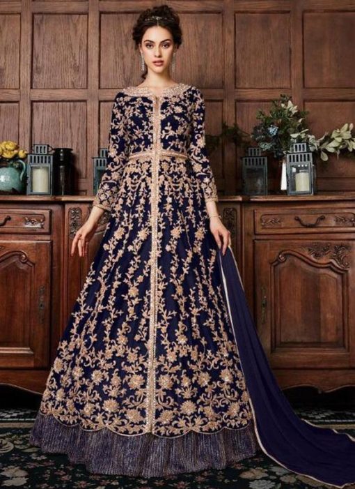 Navy Blue Net Designer Embroidered Work Wedding Anarkali Suit