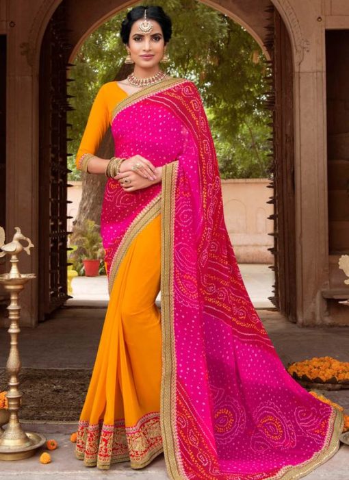 Pink And Yellow Georgette Bandhani Traditional Saree