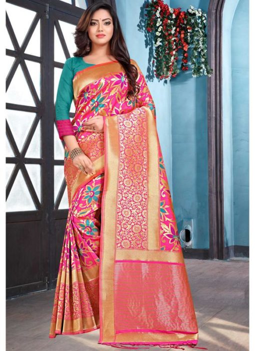 Pink Jacquard Silk Zari Weaving Traditional Saree