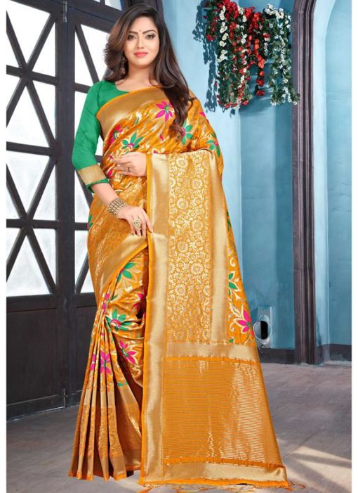 Orange Jacquard Silk Zari Weaving Traditional Saree