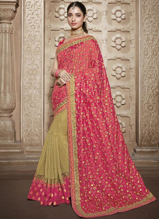 Pink And Off White Embroidered Work Designer Saree