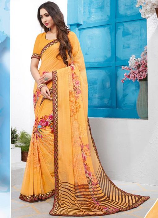 Yellow Georgette Casual Printed Saree