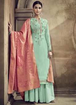 Aqua Blue Cotton Embroidered Work Palazzo Suit