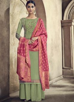 Pista Green Cotton Embroidered Work Palazzo Suit