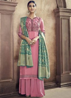 Pink Cotton Embroidered Work Palazzo Suit