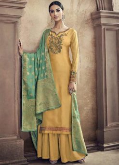 Yellow Cotton Embroidered Work Palazzo Suit