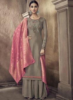 Grey Cotton Embroidered Work Palazzo Suit