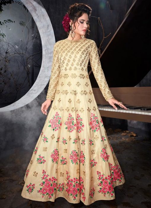 Gold Silk Embroidered Work Designer Anarkali Suit