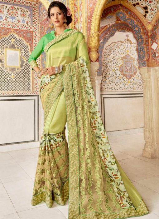 Green Silk Printed Designer Party Wear Saree