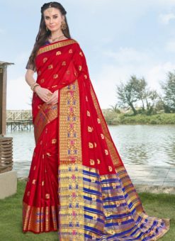 Red Silk Zari Print Wedding Saree
