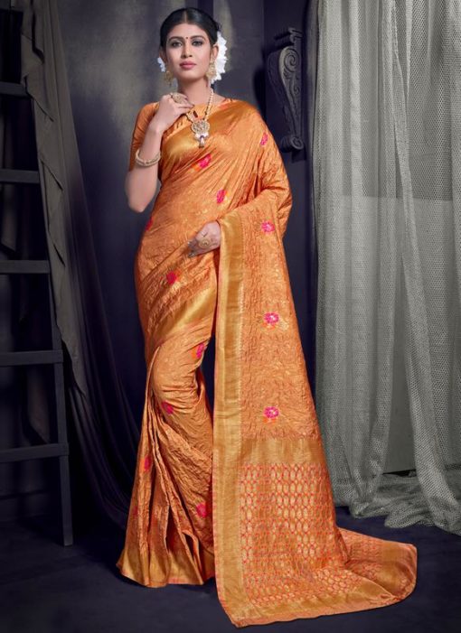 Orange Art Silk Zari Weaving Traditional Saree