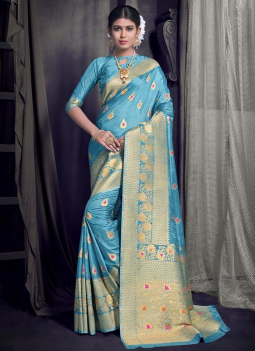 Sky Blue Art Silk Zari Weaving Traditional Saree