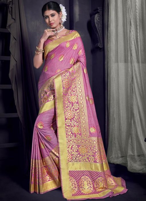 Pink Art Silk Zari Weaving Traditional Saree
