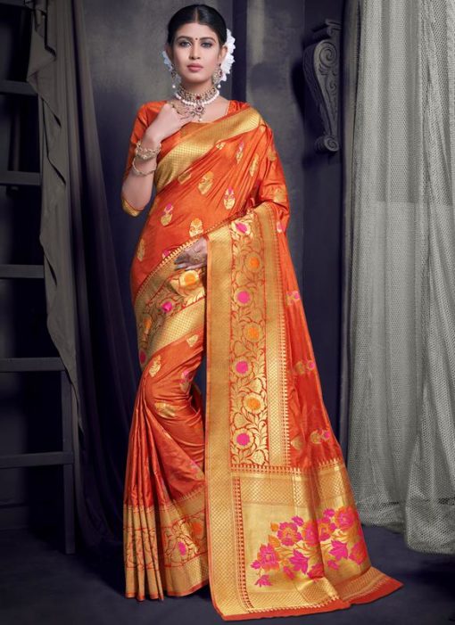 Orange Art Silk Zari Weaving Traditional Saree
