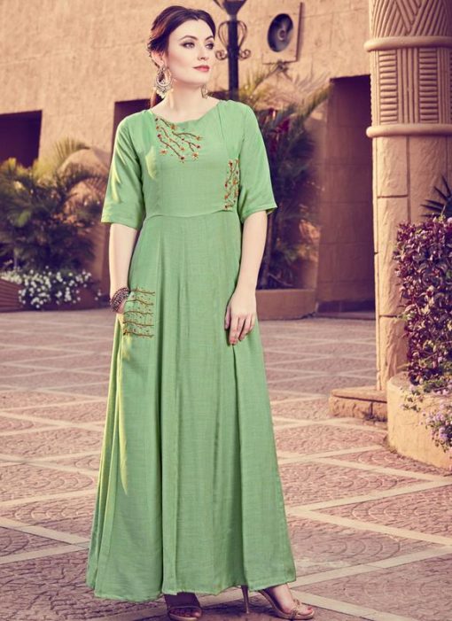 Green Cotton Embroidered Work Party Wear Kurti