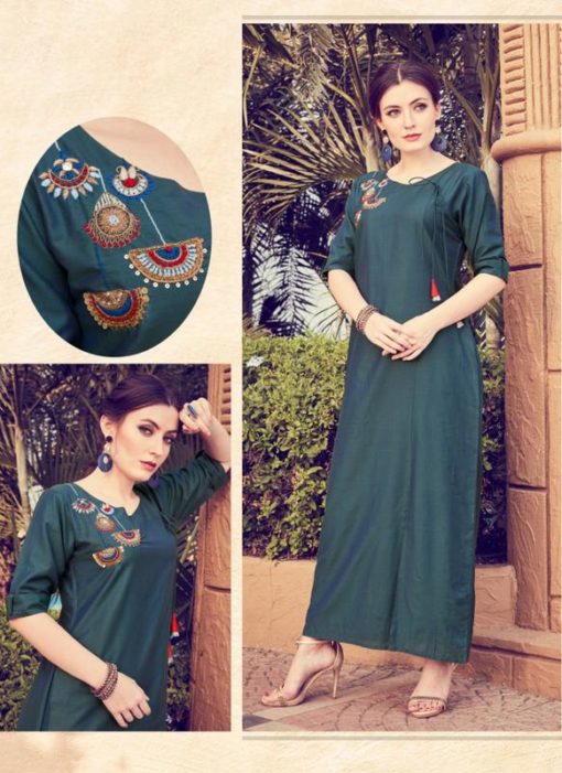Teal Blue Silk Embroidered Work Party Wear Kurti