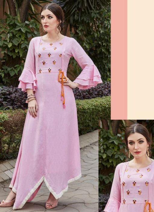 Pink Linen Cotton Embroidered Work Party Wear Kurti