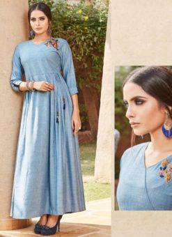 Blue Viscose Embroidered Work Party Wear Kurti