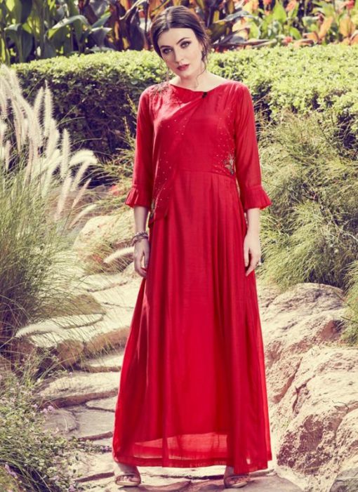 Red Viscose Embroidered Work Party Wear Kurti