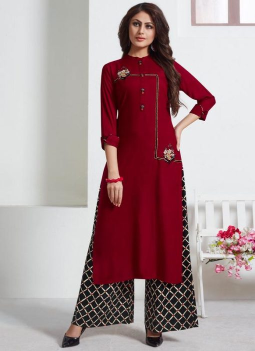 Maroon Rayon Cotton Party Wear Kurti With Palazzo Suit