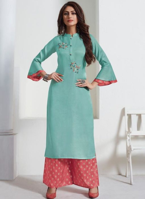Sky Blue Rayon Cotton Party Wear Kurti With Palazzo Suit