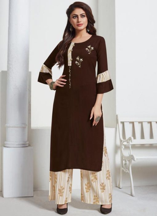 Brown Rayon Cotton Party Wear Kurti With Palazzo Suit