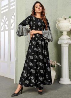 Black Rayon Cotton Printed Party Wear Gown