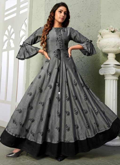 Grey Rayon Cotton Printed Party Wear Gown