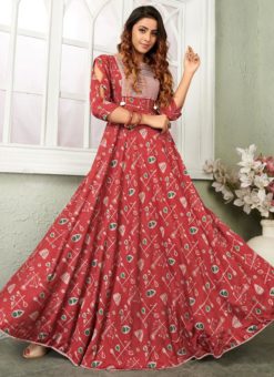 Red Rayon Cotton Printed Party Wear Gown